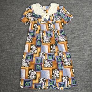 Vintage Hoover Dress Women One Size Geometric Bibb Bow 70s Tie Waist Twee Retro